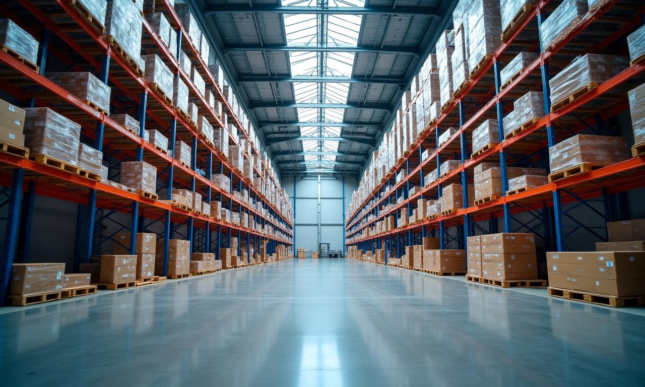 Modern high-ceiling logistics warehouse in Pittsburgh with organized pallet racking